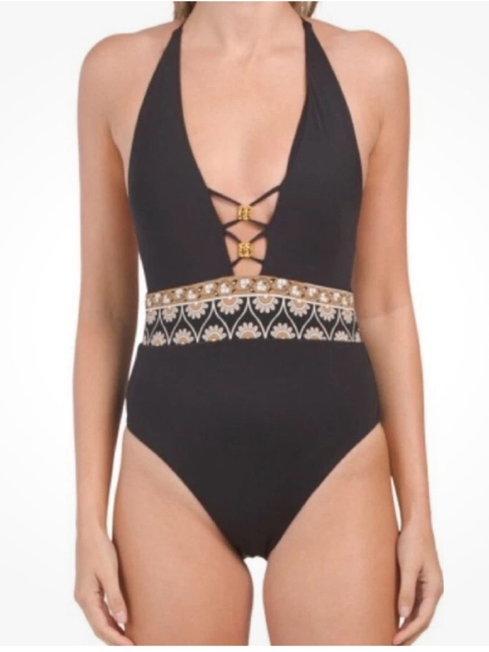 Black Halter One-Piece Swimsuit with Gold Embellished Waist